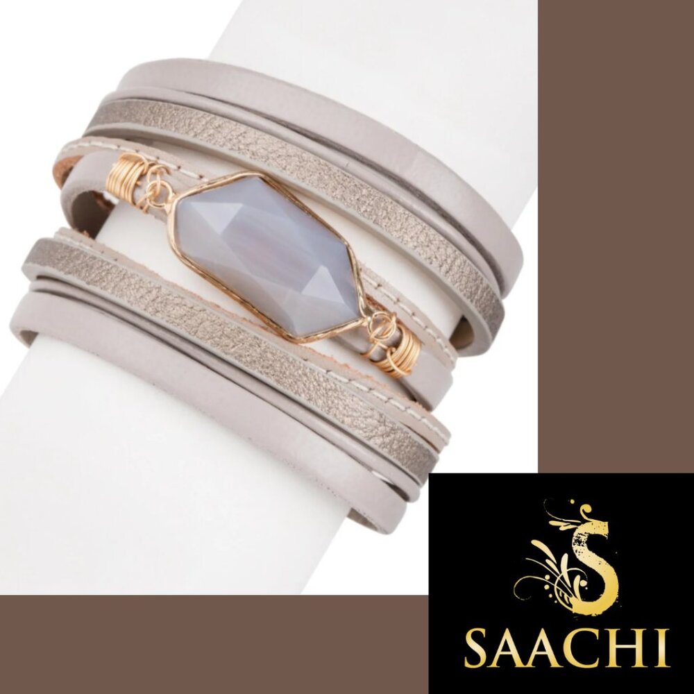 SAACHI Taupe Wrap Bracelet with Gold Accents and Gray Gem NWT